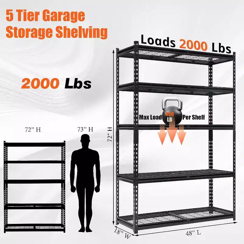 Étagère de garage robuste à 5 niveaux, rangement de garage avec étagères réglables pour cellier de cuisine, sous-sol, noir