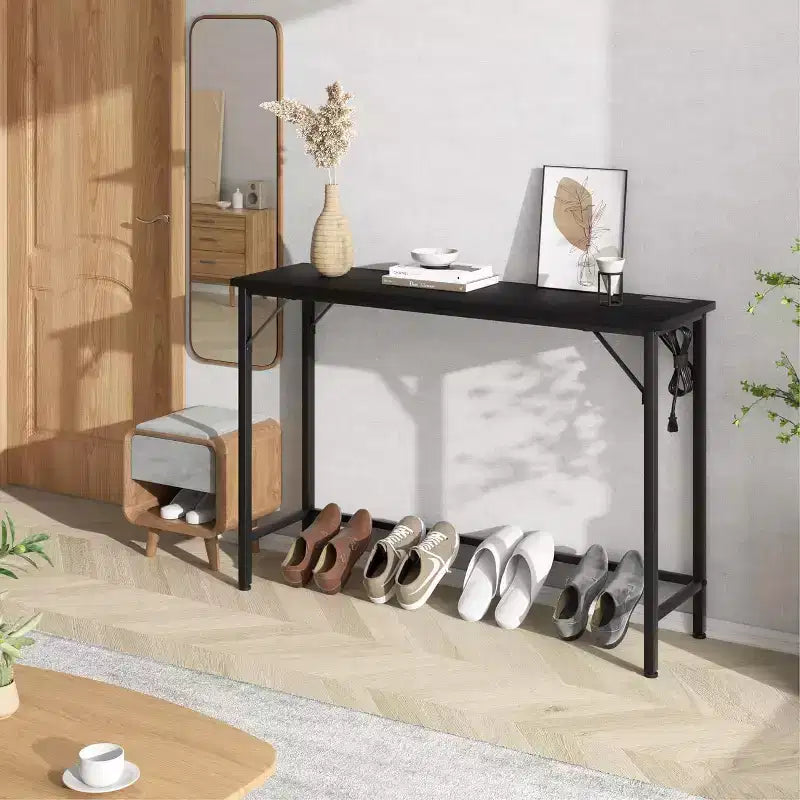 39.4-Inch Black Console Table with Charging Station, Slim Entryway Table with Metal Legs for Hallway, Sofa Back, Apartment