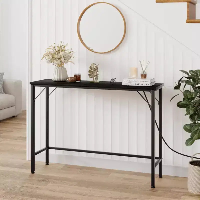 39.4-Inch Black Console Table with Charging Station, Slim Entryway Table with Metal Legs for Hallway, Sofa Back, Apartment