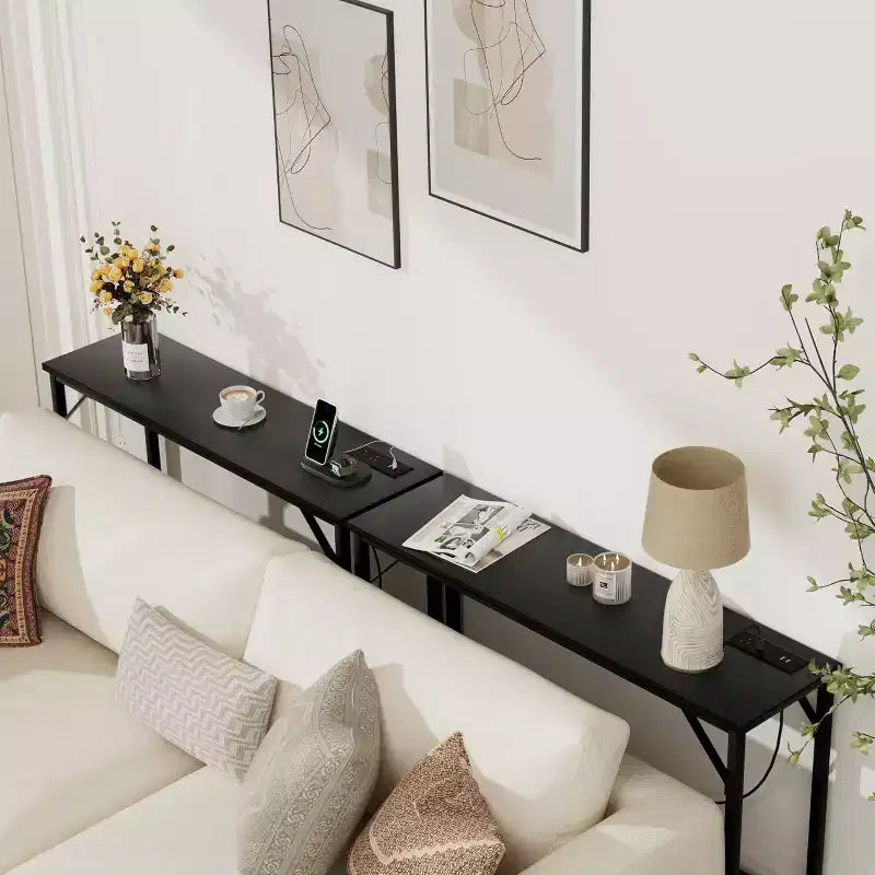 39.4-Inch Black Console Table with Charging Station, Slim Entryway Table with Metal Legs for Hallway, Sofa Back, Apartment