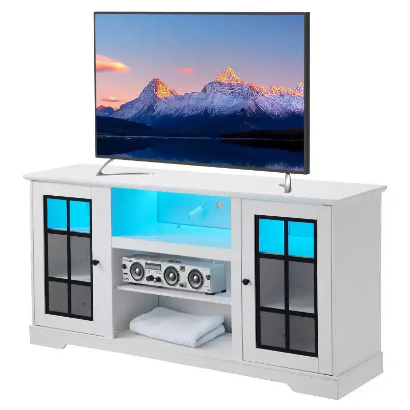 Meuble TV avec porte en verre trempé pour téléviseurs jusqu'à 65 pouces