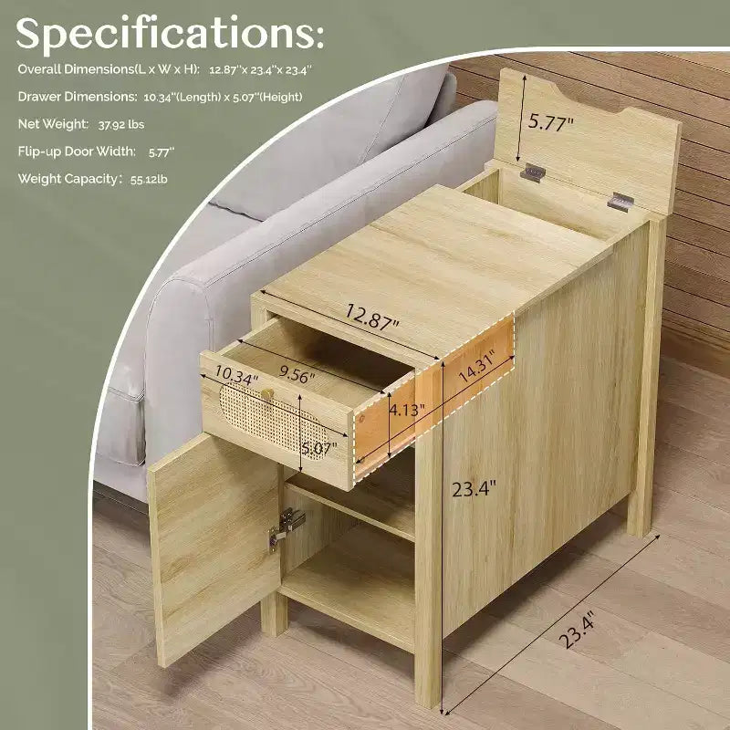 Table d'appoint avec station de recharge, table de chevet en rotin avec tiroirs, table d'appoint étroite avec meuble de rangement pour salon, chambre, chêne