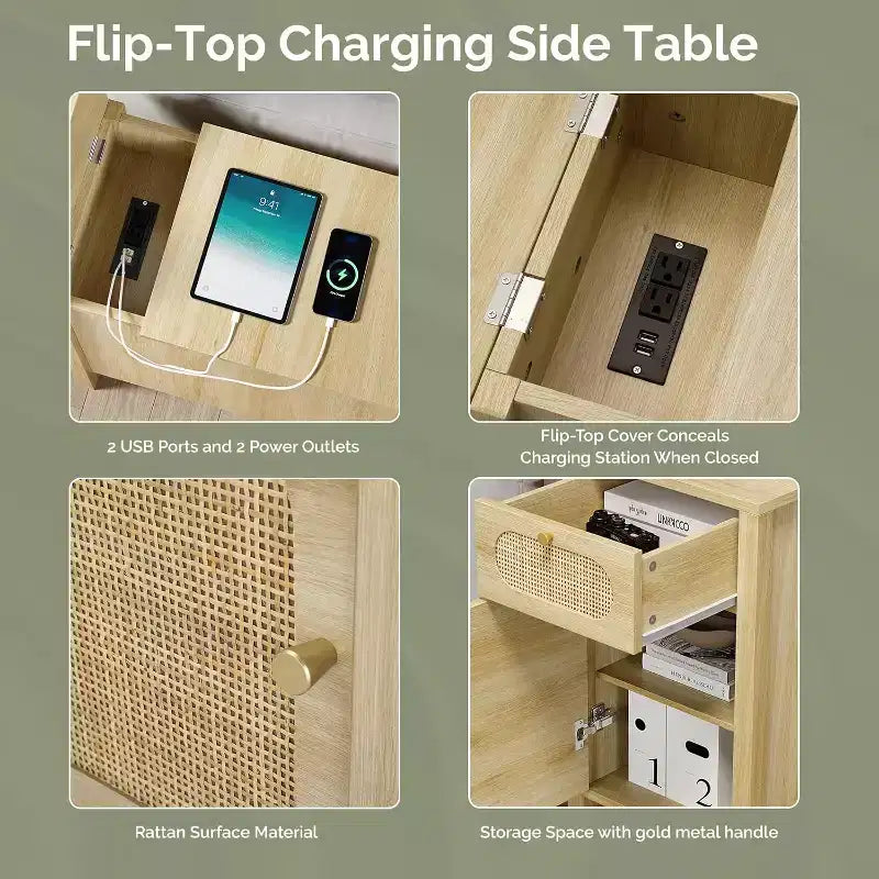 Table d'appoint avec station de recharge, table de chevet en rotin avec tiroirs, table d'appoint étroite avec meuble de rangement pour salon, chambre, chêne