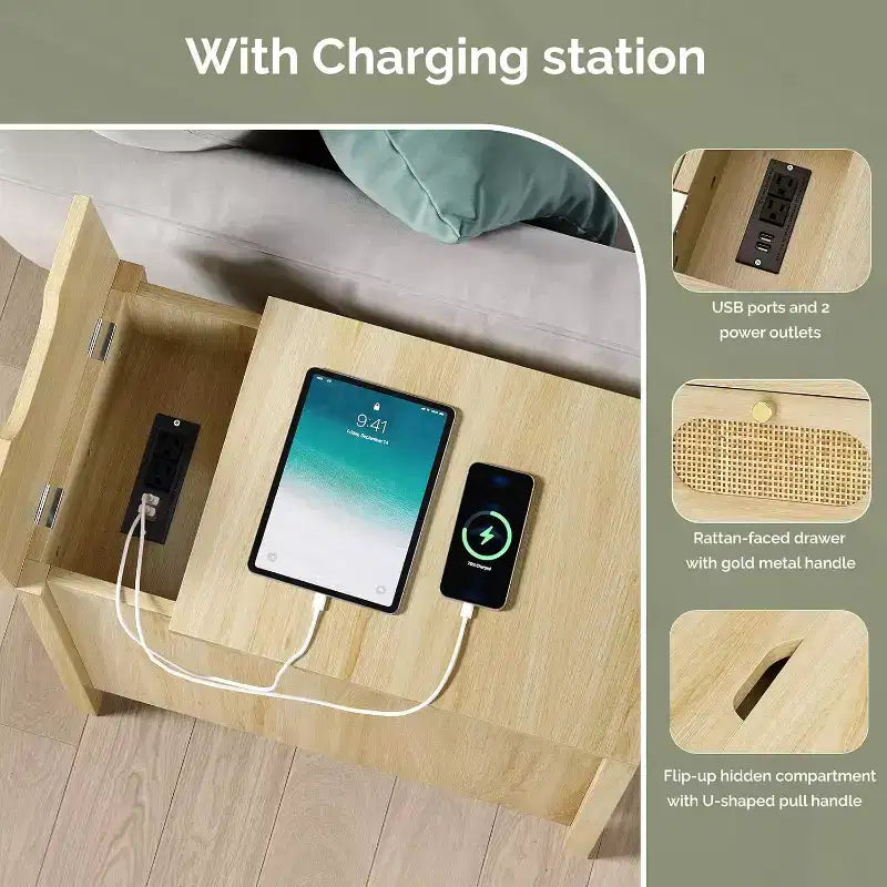 Table d'appoint avec station de recharge, table de chevet en rotin avec tiroirs, table d'appoint étroite avec meuble de rangement pour salon, chambre, chêne