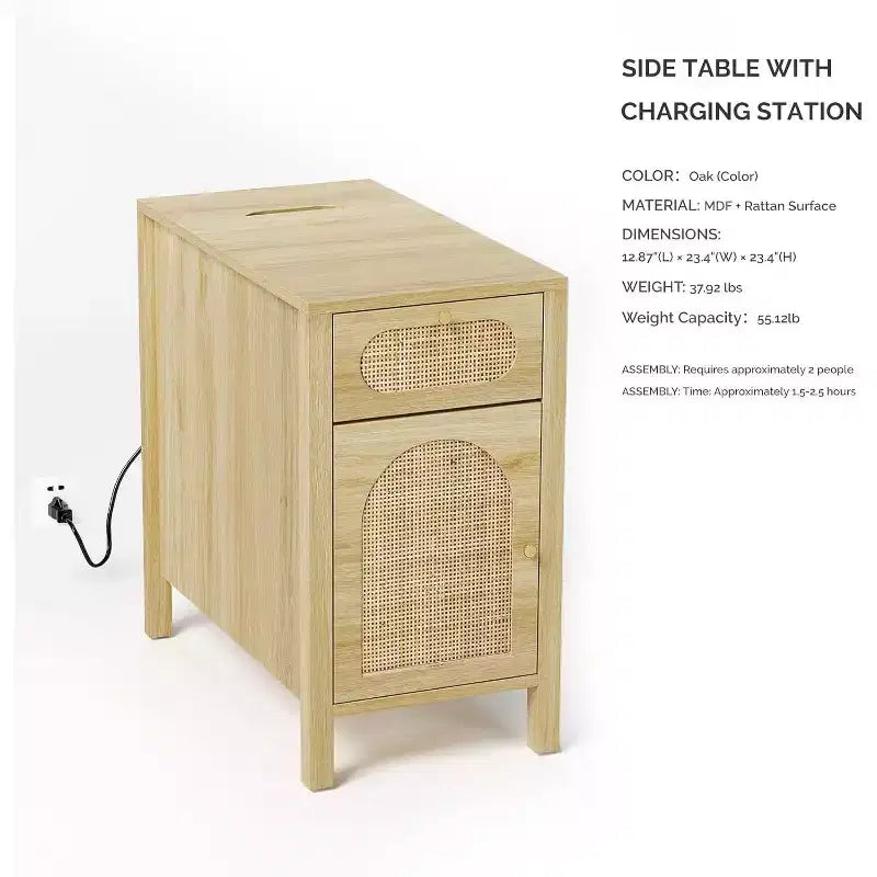 Table d'appoint avec station de recharge, table de chevet en rotin avec tiroirs, table d'appoint étroite avec meuble de rangement pour salon, chambre, chêne