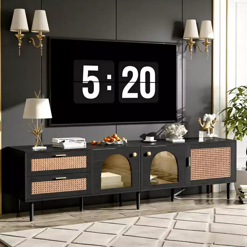 Meuble TV en rotin de 70 pouces avec 3 armoires, 2 tiroirs et éclairage LED