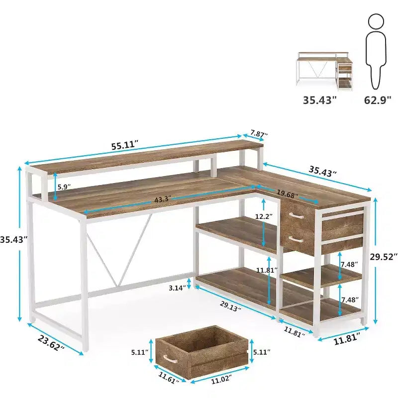Bureau en L avec tiroirs et support d'écran, bureau d'angle en L avec étagères de rangement, table d'ordinateur en bois beige pour petit bureau à domicile