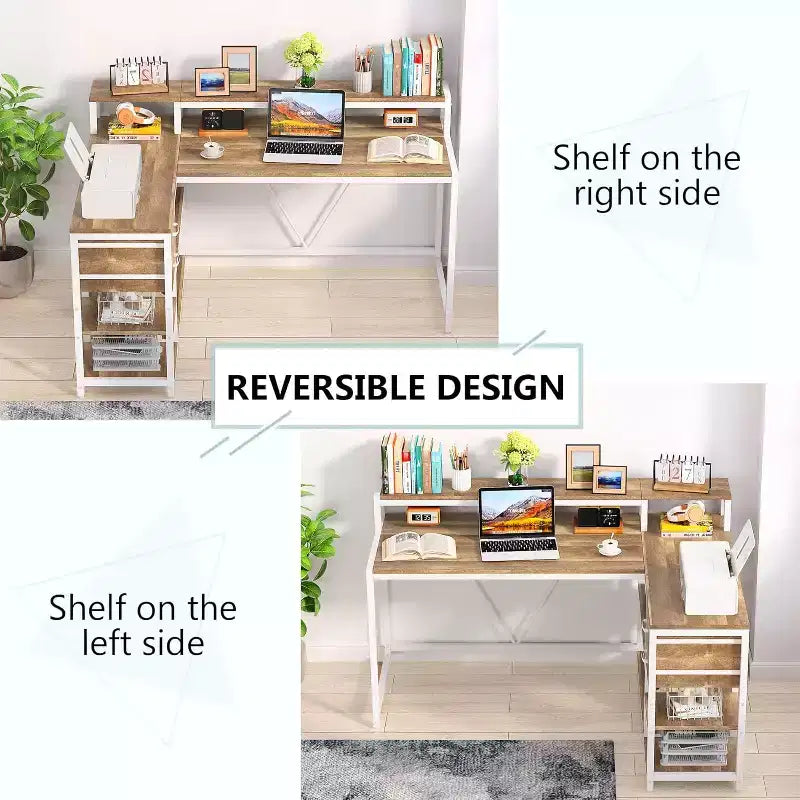 Bureau en L avec tiroirs et support d'écran, bureau d'angle en L avec étagères de rangement, table d'ordinateur en bois beige pour petit bureau à domicile