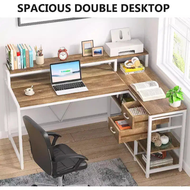 Bureau en L avec tiroirs et support d'écran, bureau d'angle en L avec étagères de rangement, table d'ordinateur en bois beige pour petit bureau à domicile