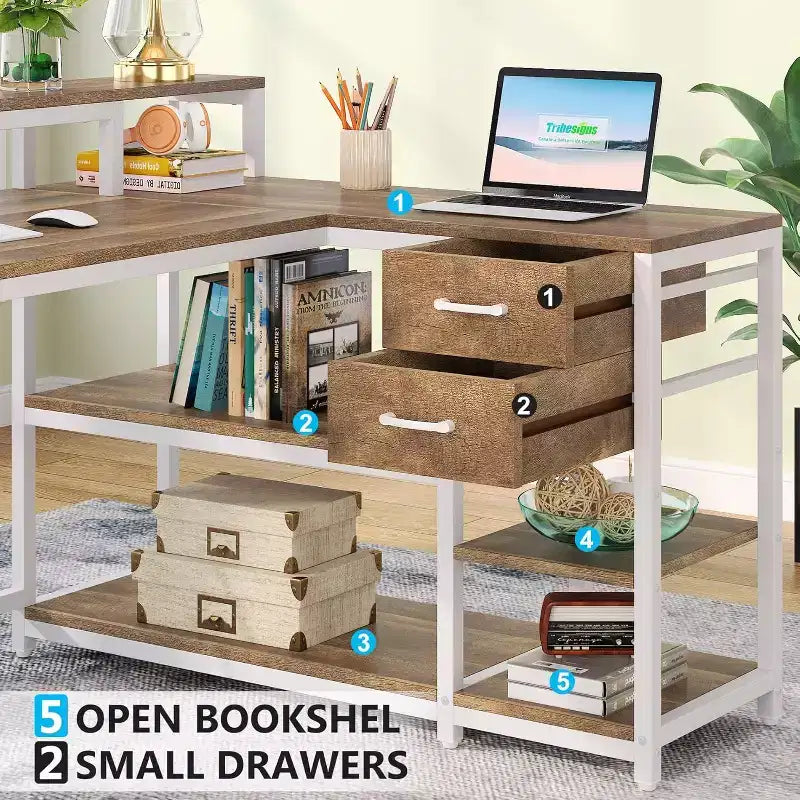 Bureau en L avec tiroirs et support d'écran, bureau d'angle en L avec étagères de rangement, table d'ordinateur en bois beige pour petit bureau à domicile