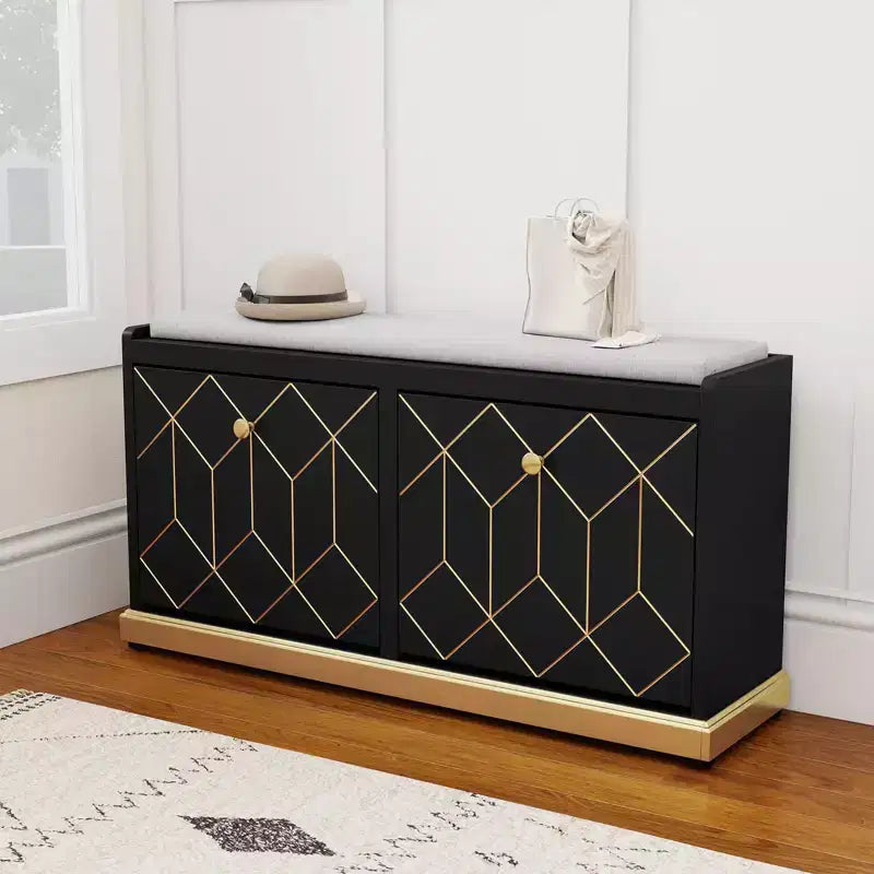 Modern Shoe Storage Bench with 2 Flip Drawers &amp; Padded Cushion Seat, Upholstered Entryway Organizer for Hallway Closet Living Room - Gold Trim
