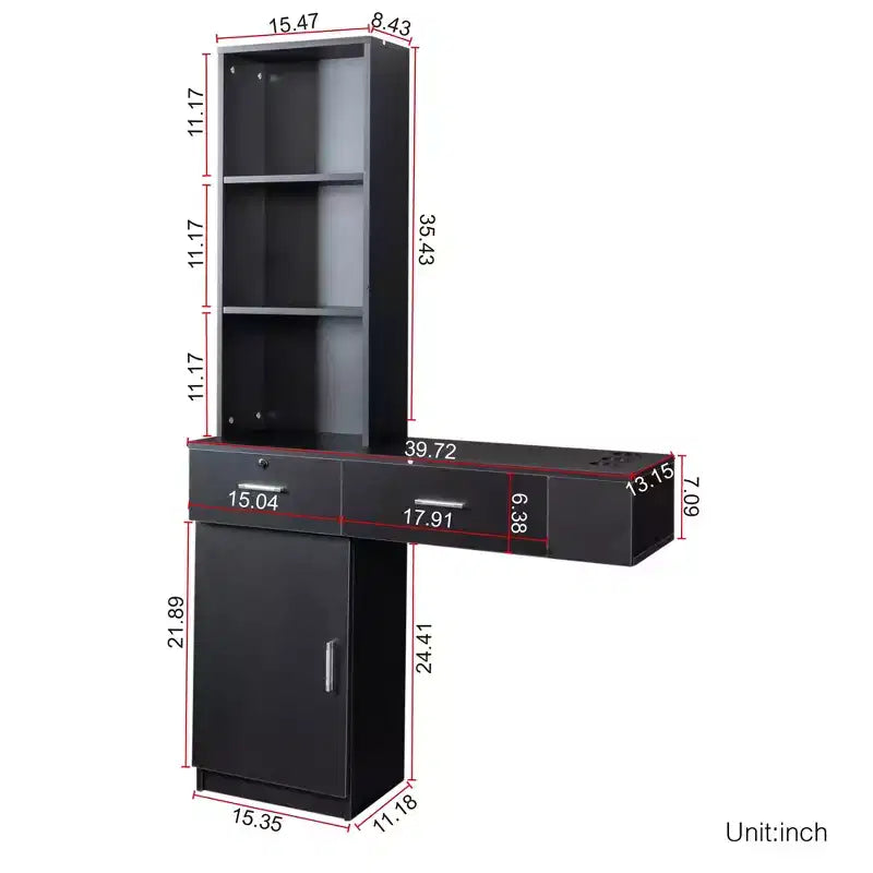 Miroir de courtoisie moderne et minimaliste avec rangement tridimensionnel à plusieurs niveaux, comprenant deux compartiments tiroirs fermés. Noir