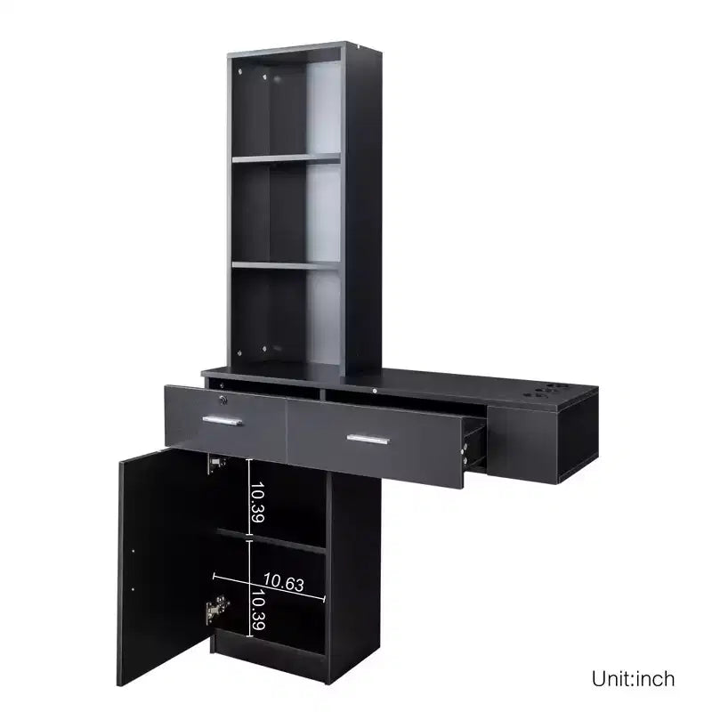 Miroir de courtoisie moderne et minimaliste avec rangement tridimensionnel à plusieurs niveaux, comprenant deux compartiments tiroirs fermés. Noir