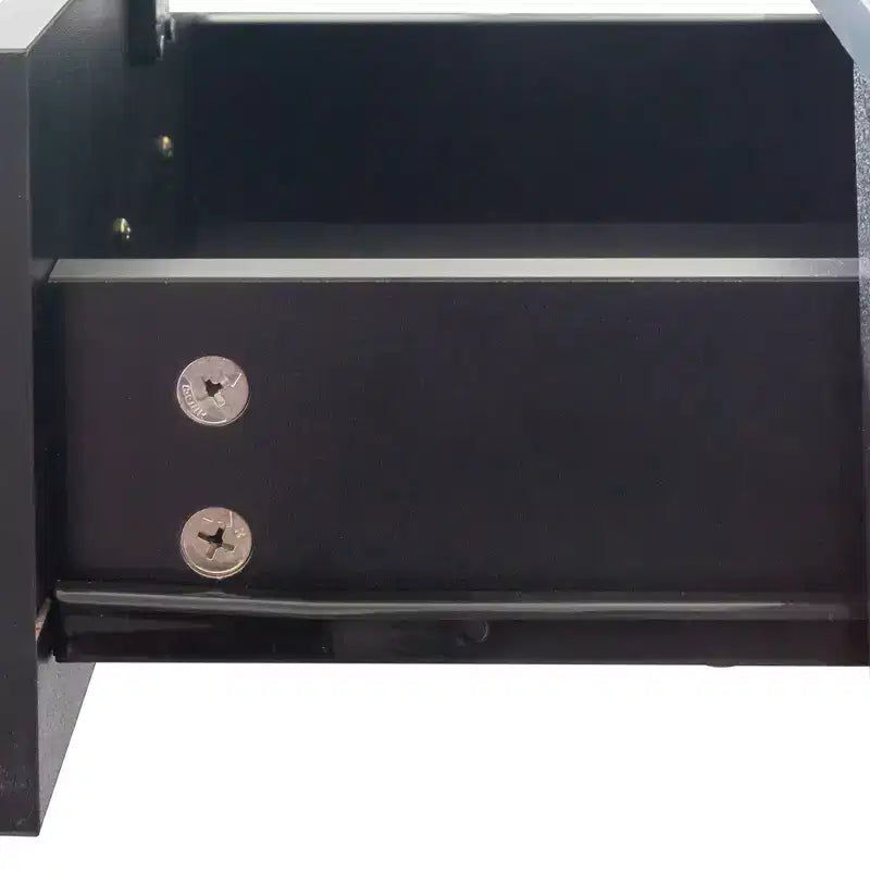 Miroir de courtoisie moderne et minimaliste avec rangement tridimensionnel à plusieurs niveaux, comprenant deux compartiments tiroirs fermés. Noir
