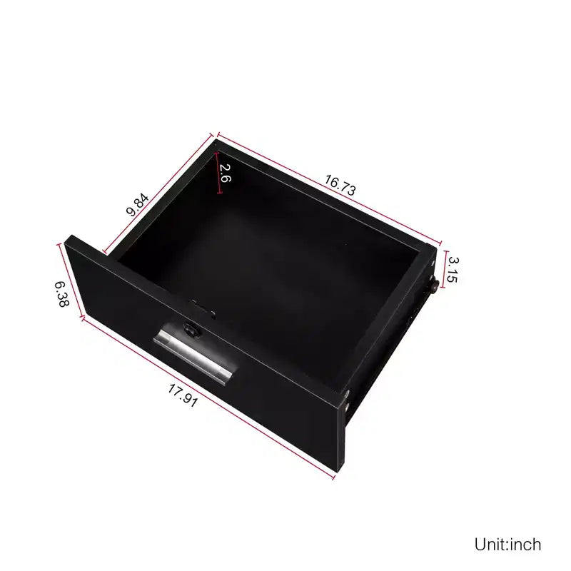 Miroir de courtoisie moderne et minimaliste avec rangement tridimensionnel à plusieurs niveaux, comprenant deux compartiments tiroirs fermés. Noir