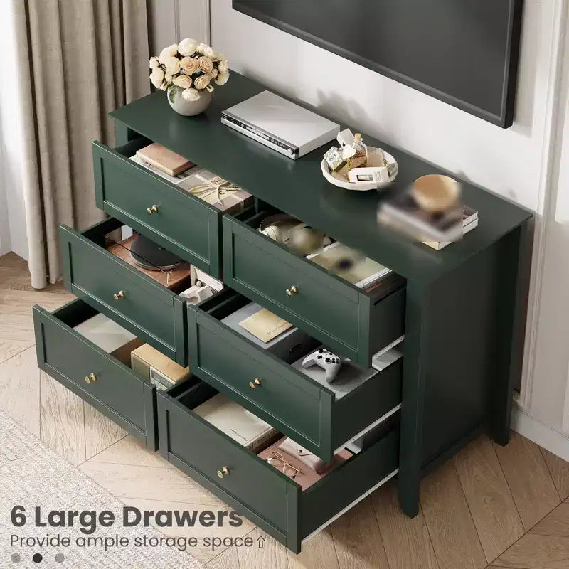 Commode en bois de 120 cm de large avec poignées métalliques ; peut servir de coiffeuse, de meuble TV ou de garde-robe de chambre. Marron