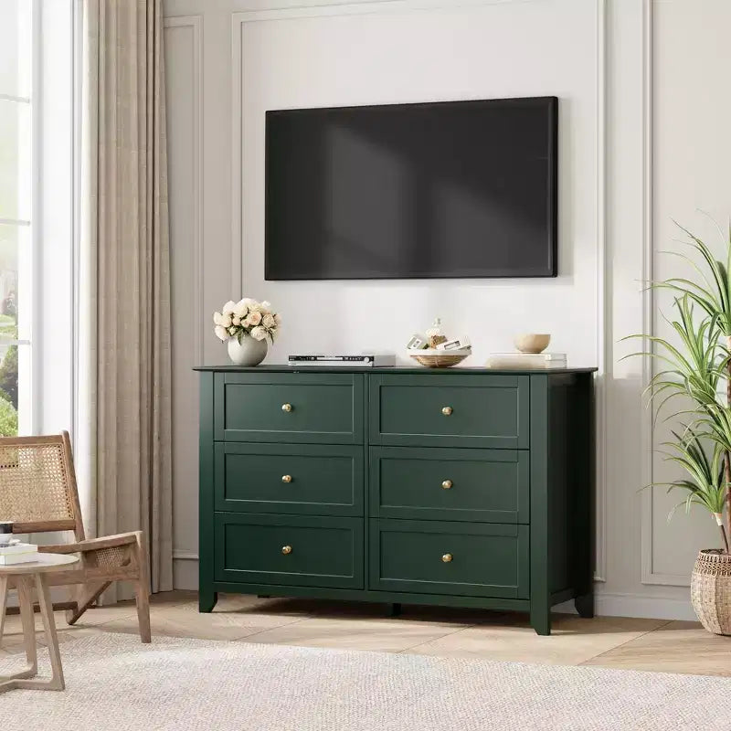 Commode en bois de 120 cm de large avec poignées métalliques ; peut servir de coiffeuse, de meuble TV ou de garde-robe de chambre. Marron