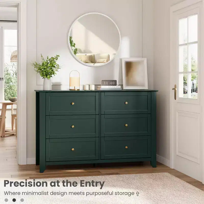 Commode en bois de 120 cm de large avec poignées métalliques ; peut servir de coiffeuse, de meuble TV ou de garde-robe de chambre. Marron