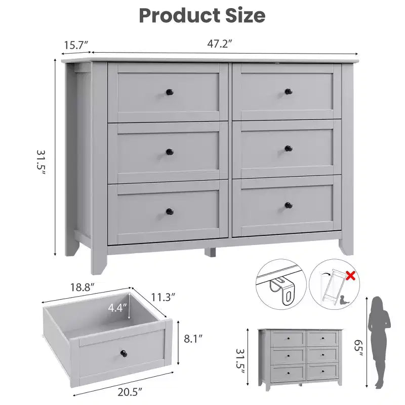 Commode en bois de 120 cm de large avec poignées métalliques ; peut servir de coiffeuse, de meuble TV ou de garde-robe de chambre. Marron