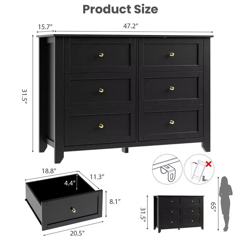 Commode en bois de 120 cm de large avec poignées métalliques ; peut servir de coiffeuse, de meuble TV ou de garde-robe de chambre. Marron