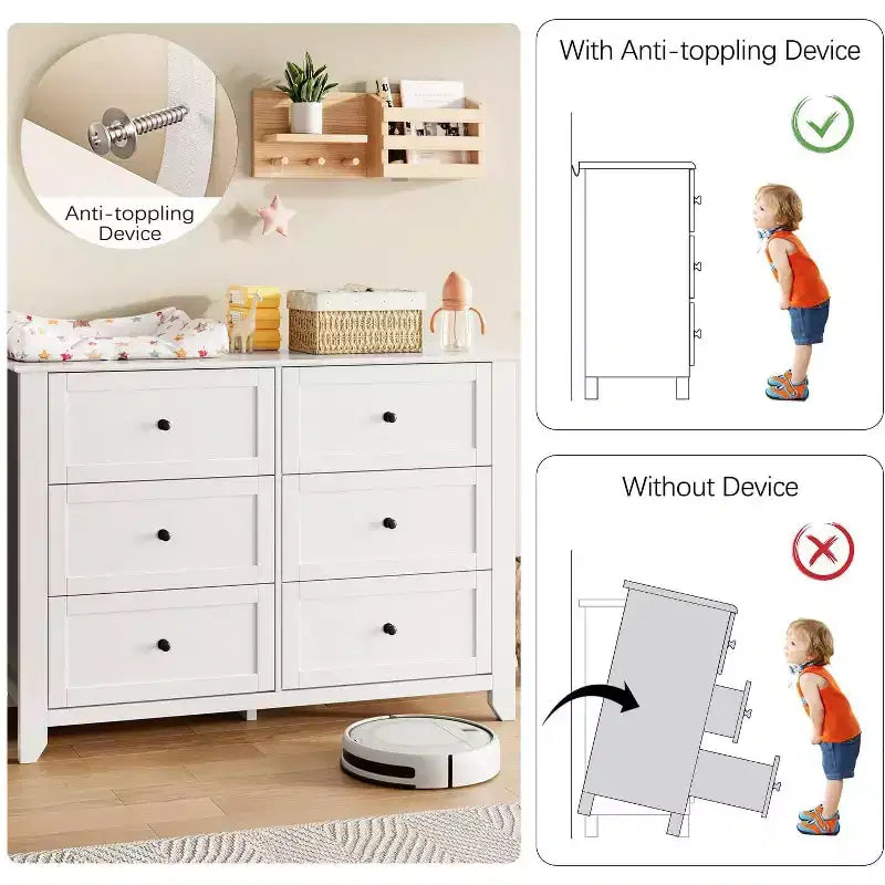 Commode en bois de 120 cm de large avec poignées métalliques ; peut servir de coiffeuse, de meuble TV ou de garde-robe de chambre. Marron