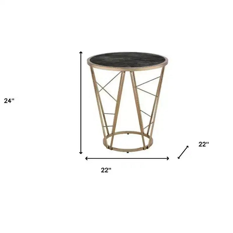 Table d'appoint ronde en verre et métal imitation marbre noir et champagne