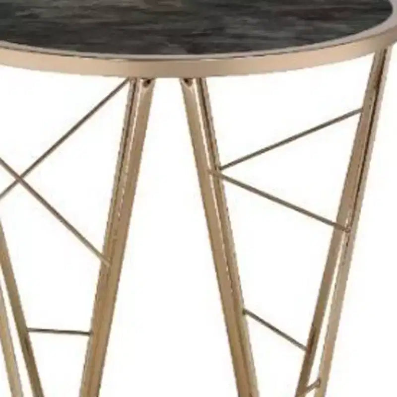 Table d'appoint ronde en verre et métal imitation marbre noir et champagne