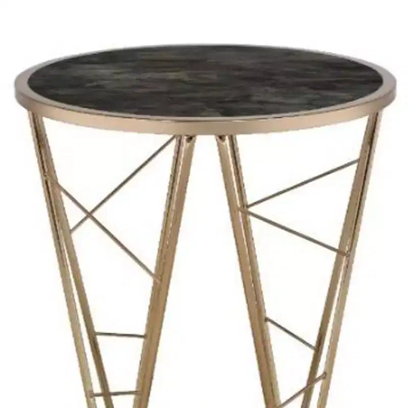 Table d'appoint ronde en verre et métal imitation marbre noir et champagne