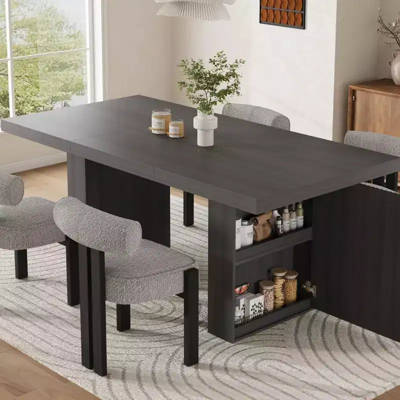 Table à manger de cuisine moderne en bois avec pieds rainurés et espace de rangement