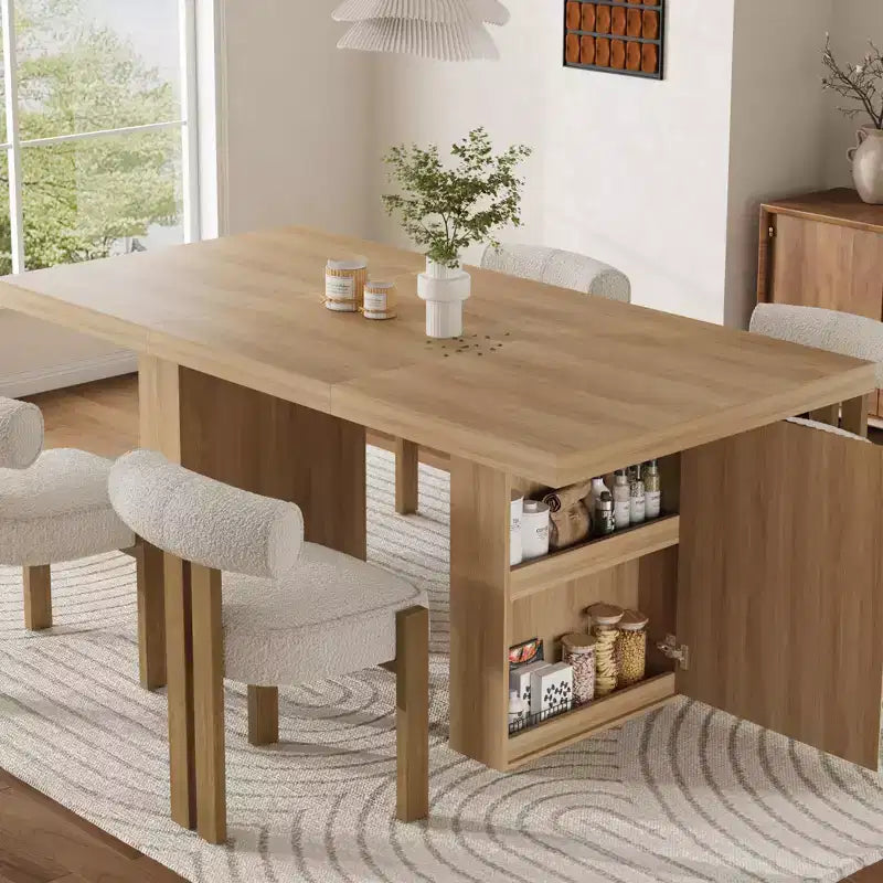 Table à manger de cuisine moderne en bois avec pieds rainurés et espace de rangement