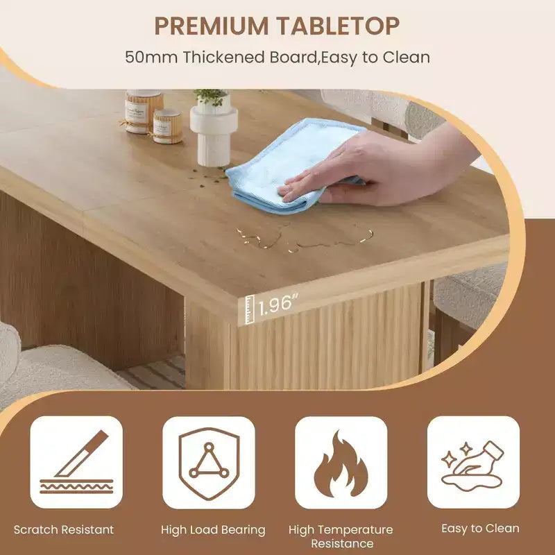 Table à manger de cuisine moderne en bois avec pieds rainurés et espace de rangement