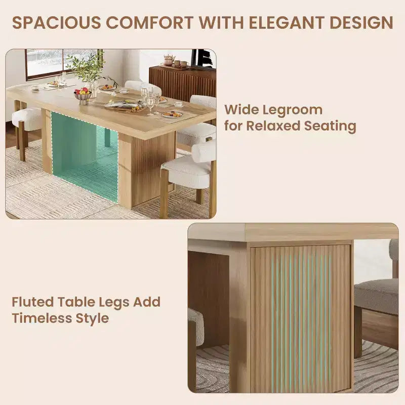 Table à manger de cuisine moderne en bois avec pieds rainurés et espace de rangement