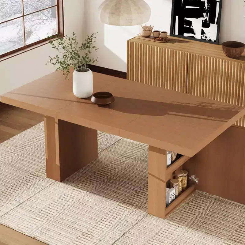 Table à manger de cuisine moderne en bois avec pieds rainurés et espace de rangement