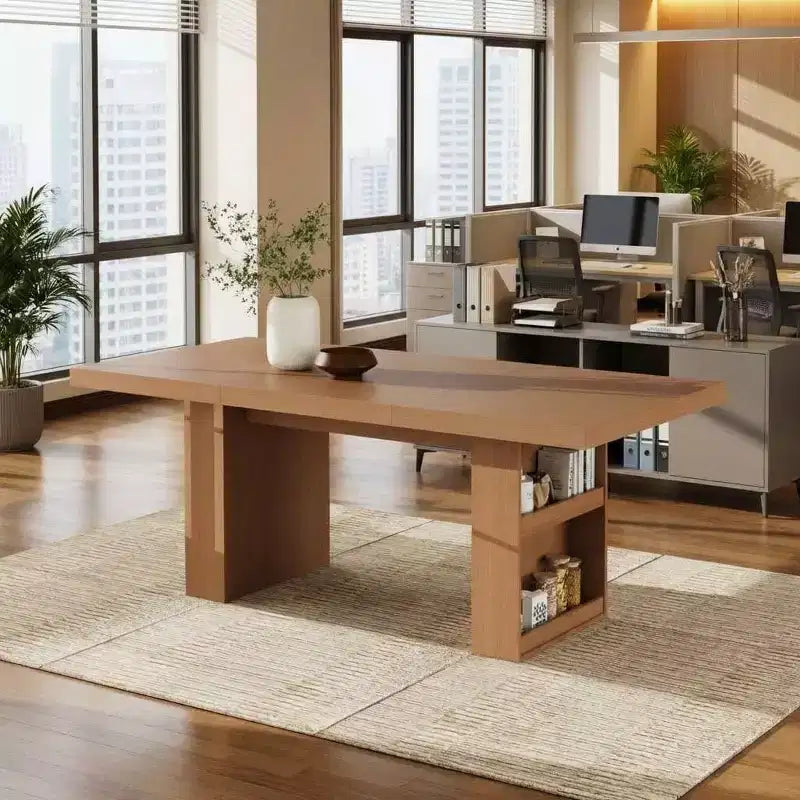 Table à manger de cuisine moderne en bois avec pieds rainurés et espace de rangement