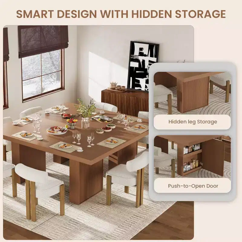 Table à manger de cuisine moderne en bois avec pieds rainurés et espace de rangement