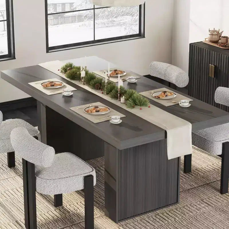 Table à manger de cuisine moderne en bois avec pieds rainurés et espace de rangement