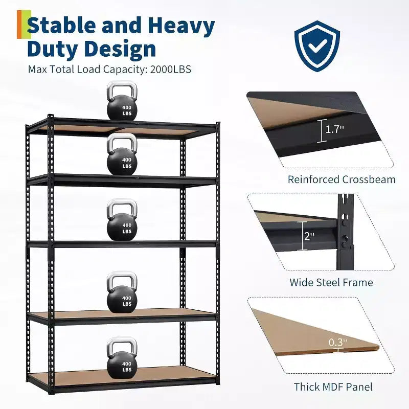Étagère de garage robuste à cinq niveaux, tablettes métalliques réglables, capacité de 2 500 lb