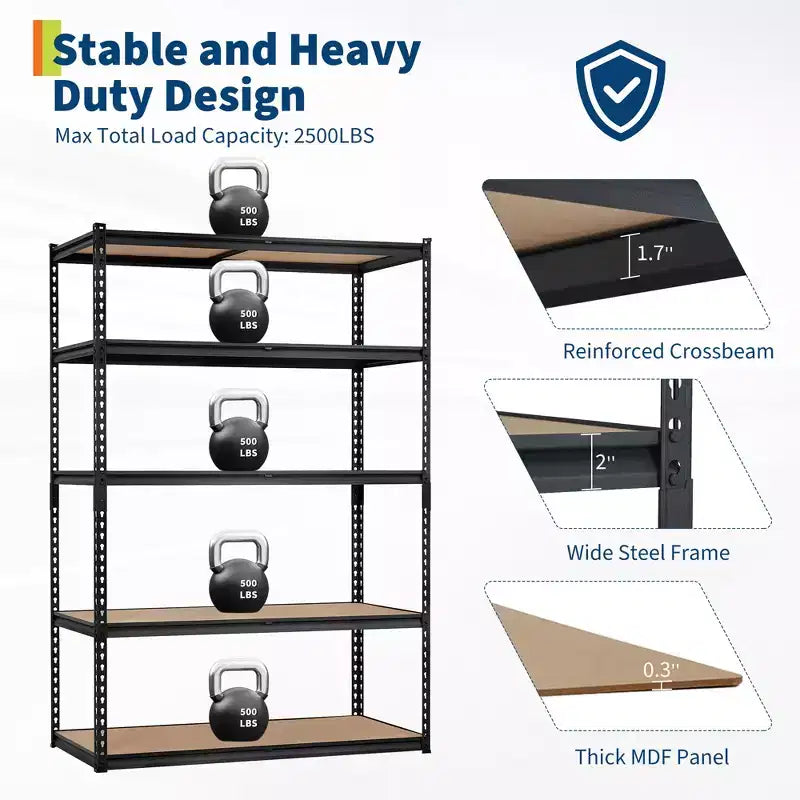 Étagère de garage robuste à cinq niveaux, tablettes métalliques réglables, capacité de 2 500 lb