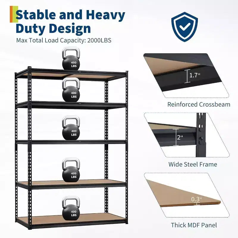 Étagère de garage robuste à cinq niveaux, tablettes métalliques réglables, capacité de 2 500 lb