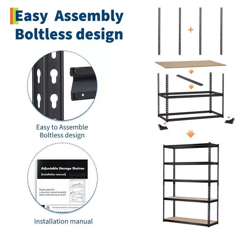 Étagère de garage robuste à cinq niveaux, tablettes métalliques réglables, capacité de 2 500 lb