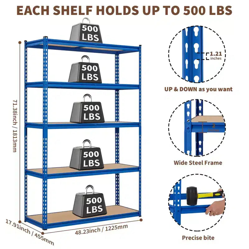 Étagère de garage robuste à cinq niveaux, tablettes métalliques réglables, capacité de 2 500 lb