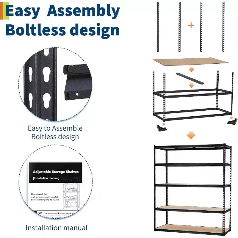 Étagère de garage robuste à cinq niveaux, tablettes métalliques réglables, capacité de 2 500 lb