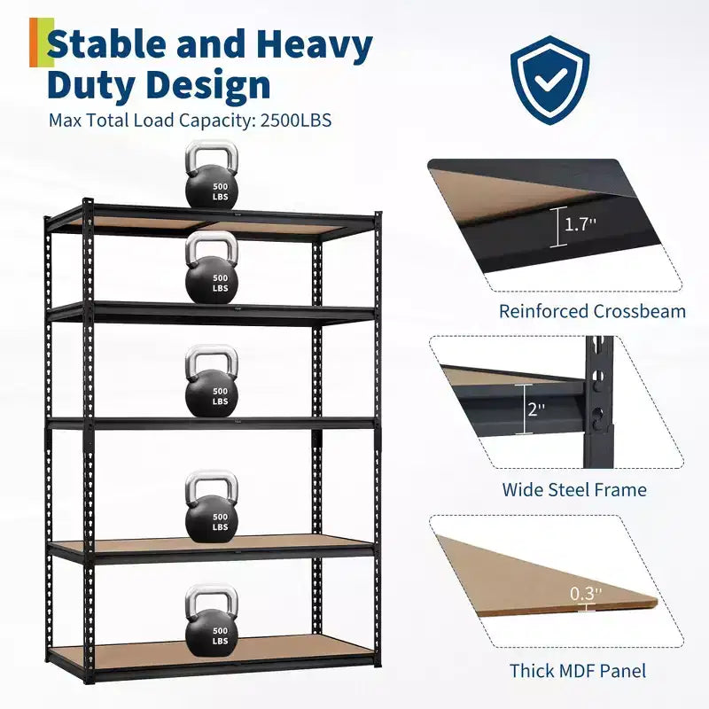 Étagère de garage robuste à cinq niveaux, tablettes métalliques réglables, capacité de 2 500 lb
