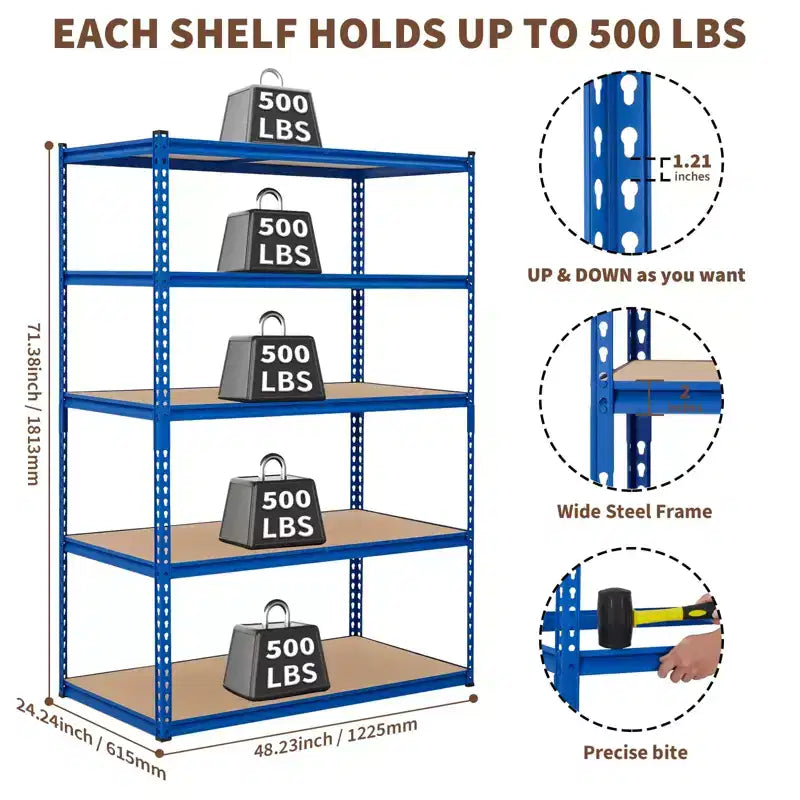 Étagère de garage robuste à cinq niveaux, tablettes métalliques réglables, capacité de 2 500 lb