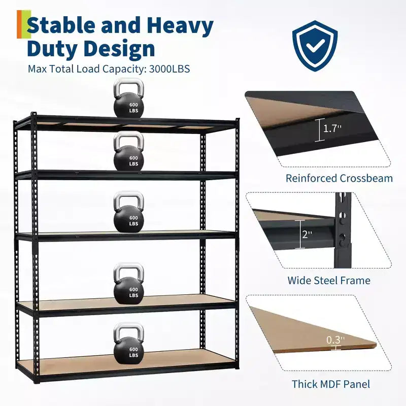 Étagère de garage robuste à cinq niveaux, tablettes métalliques réglables, capacité de 2 500 lb