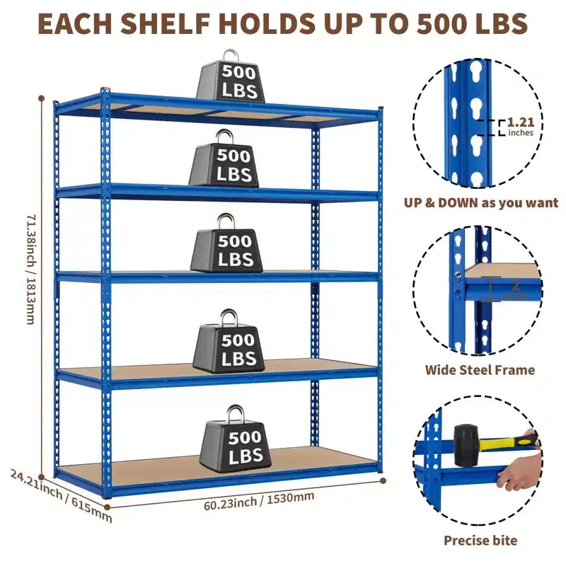Étagère de garage robuste à cinq niveaux, tablettes métalliques réglables, capacité de 2 500 lb