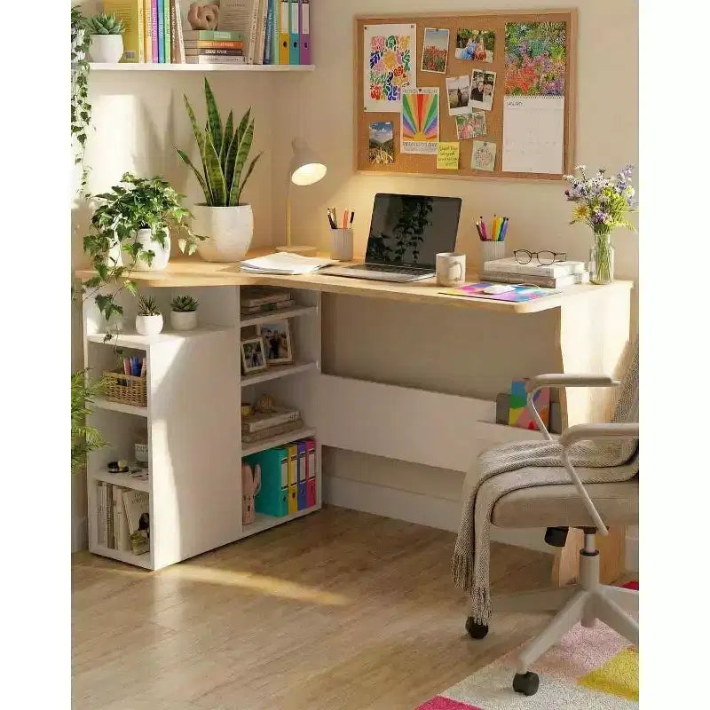 Bureau d'angle en L avec étagères de rangement à trois niveaux ; petit bureau d'angle pliable