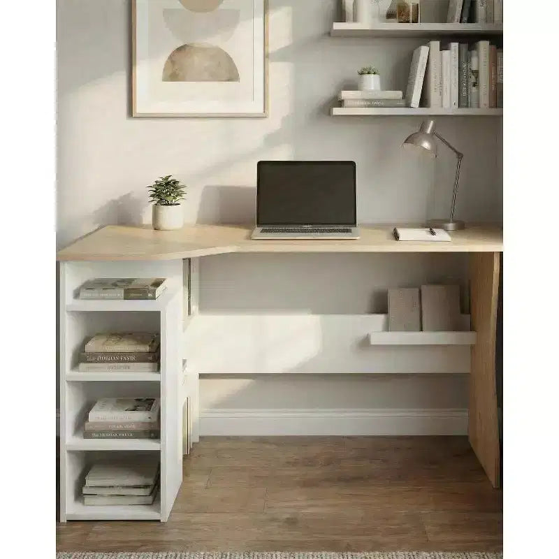 Bureau d'angle en L avec étagères de rangement à trois niveaux ; petit bureau d'angle pliable