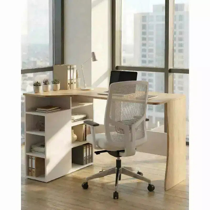 Bureau d'angle en L avec étagères de rangement à trois niveaux ; petit bureau d'angle pliable