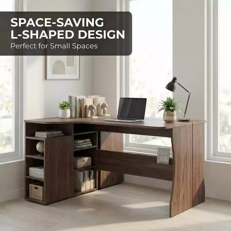 Bureau d'angle en L avec étagères de rangement à trois niveaux ; petit bureau d'angle pliable